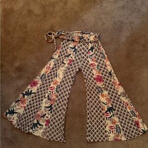 Angie Floral Wide-Leg Pants - Cream, Burgundy, Teal, Orange size S